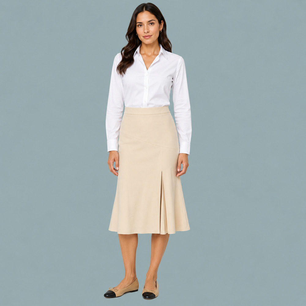 Banana Republic Size 10 Ivory Cream Solid Asymmetrical Seamed Flare Midi Skirt